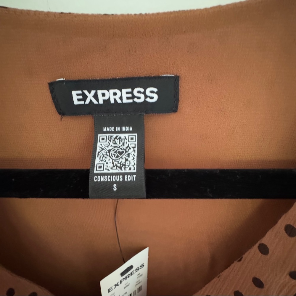 Express Brown Puff Sleeve Polka Dot V Neck Blouse Size Small - Picture 5 of 9